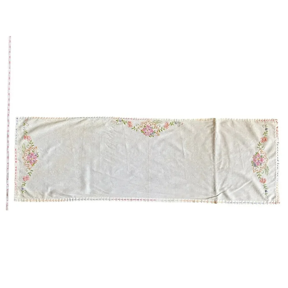 Vintage Rainbow Floral Embroidered Table Runner 50x16 Dresser Scarf Cottagecore
